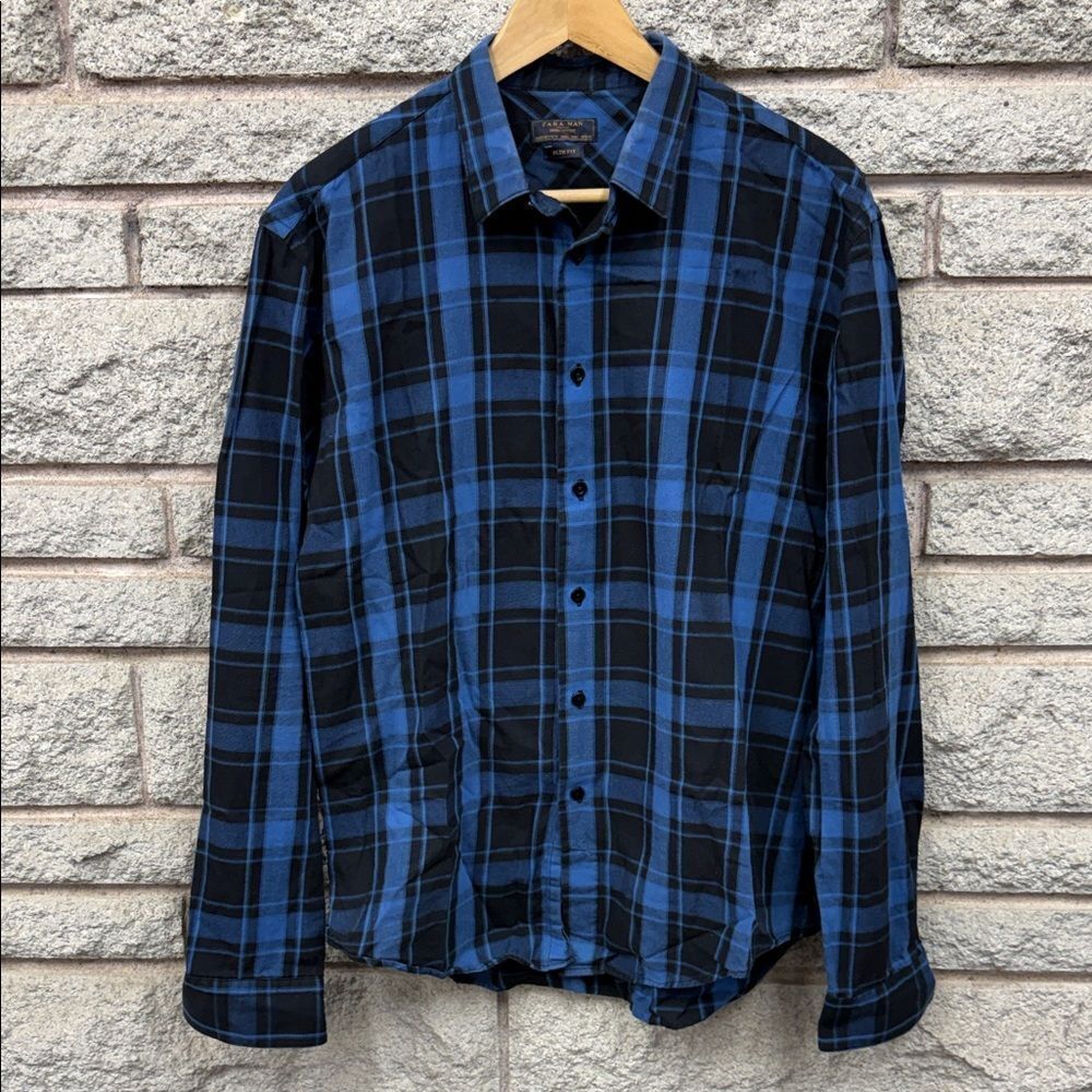 Zara Men's Blue and Black Checkered Shirt